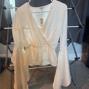 Express White Wrap Peplum Blouse with Bell Sleeves
